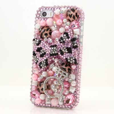 Bling Crystals Phone Case for iPhone 6 / 6s, iPhone 6 / 6s PLUS, iPhone 4, 5, 5S, 5C, Samsung Note 2, Note 3, Note 4, Galaxy S3, S4, S5, S6, S6 Edge, HTC ONE M9 (PINK LEOPARD BOW WITH DIAMOND RING DESIGN ) By LuxAddiction