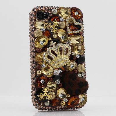 Bling Crystals Phone Case for iPhone 6 / 6s, iPhone 6 / 6s PLUS, iPhone 4, 5, 5S, 5C, Samsung Note 2, Note 3, Note 4, Galaxy S3, S4, S5, S6, S6 Edge, HTC ONE M9 (GOLDEN CROWN WITH LEOPARD FUR BALL DESIGN) By LuxAddiction