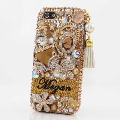 Bling Crystals Phone Case for iPhone 6 / 6s, iPhone 6 / 6s PLUS, iPhone 4, 5, 5S, 5C, Samsung Note 2, Note 3, Note 4, Galaxy S3, S4, S5, S6, S6 Edge, HTC ONE M9 (GOLDEN GLORY PERSONALIZED NAME & INITIALS DESIGN WITH TASSLE PHONE CHARM) By LuxAddiction