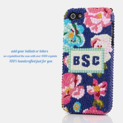 Bling Crystals Phone Case for iPhone 6 / 6s, iPhone 6 / 6s PLUS, iPhone 4, 5, 5S, 5C, Samsung Note 2, Note 3, Note 4, Galaxy S3, S4, S5, S6, S6 Edge, HTC ONE M9 (BLUE FLORAL PERSONALIZED MONOGRAM DESIGN) By LuxAddiction