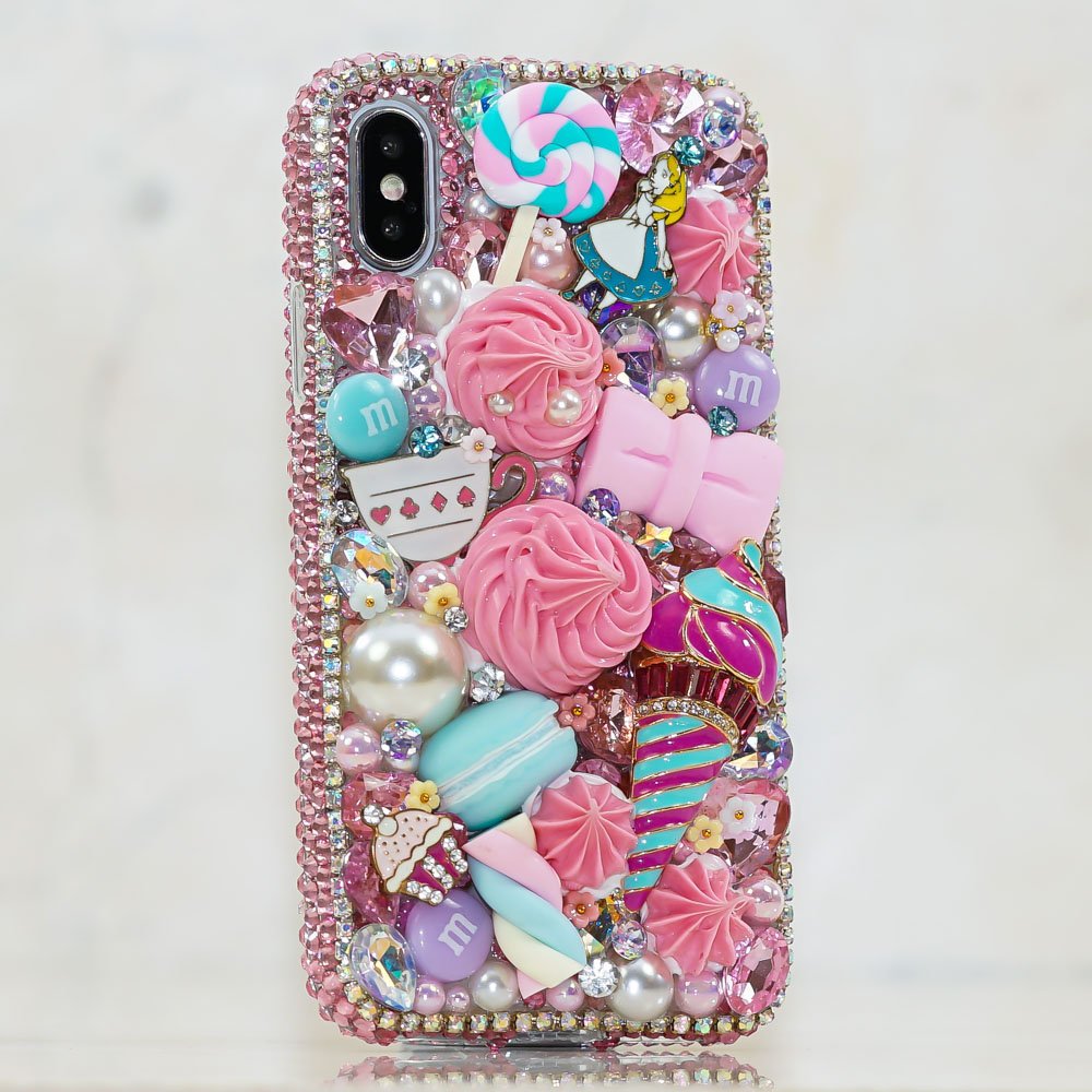 Bling Alice Wonderland Yummy Sweets Genuine Pink Crystals Diamond Sparkle Case For iPhone X XS Max XR 7 8 Plus Samsung Galaxy S9 Note 9