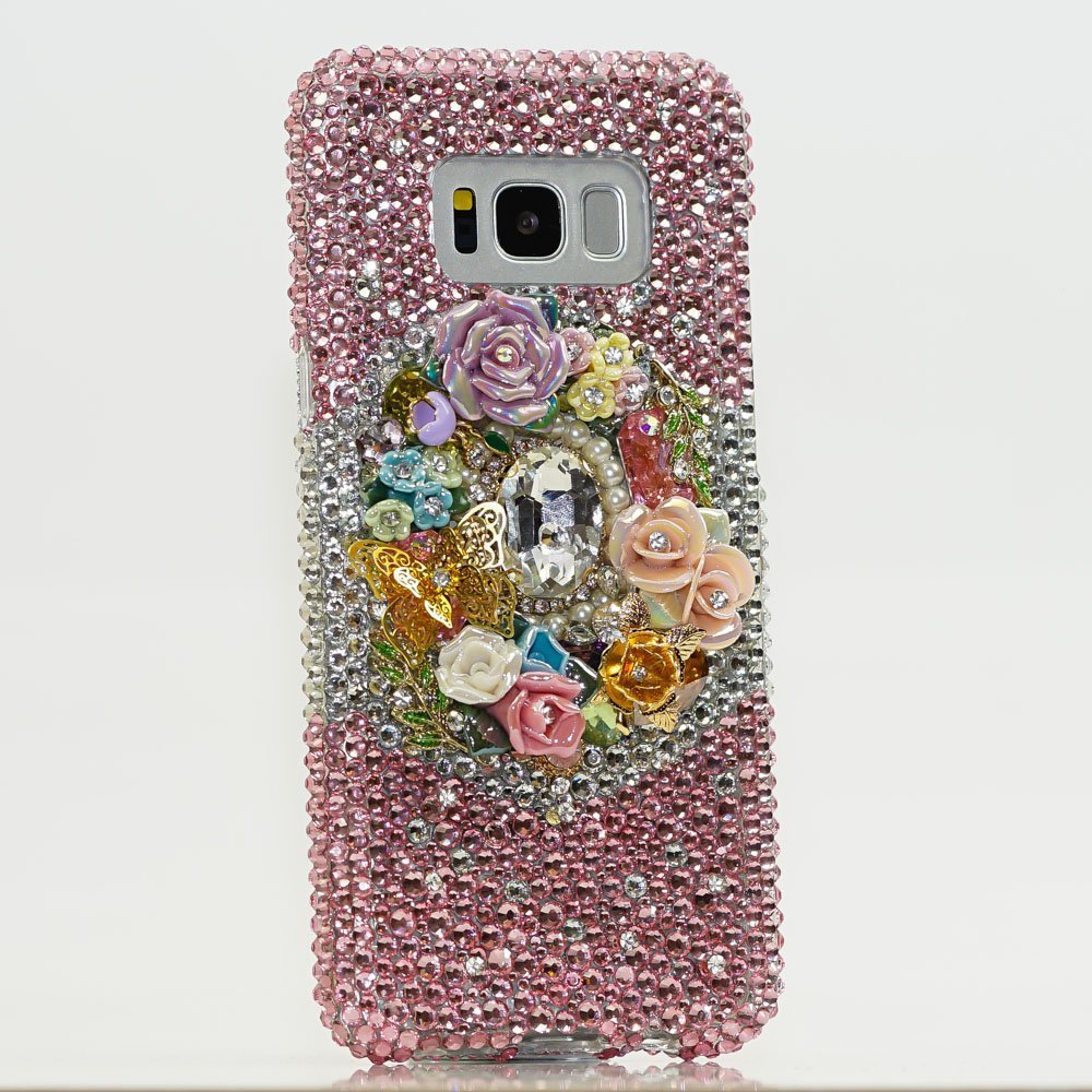 Bling Rose Garden Butterfly Flowers Pearls Genuine Crystals Diamond Sparkle Case For iPhone X XS Max XR 7 8 Plus Samsung Galaxy S9 Note 9