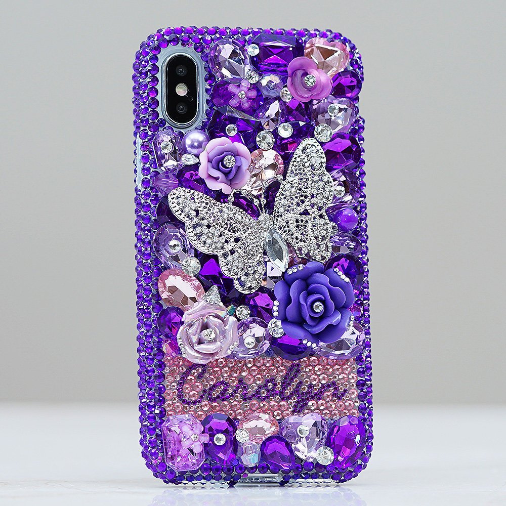 Purple Butterfly Design Personalized Name Initials Genuine Crystals Bling Case For Iphone X Xs Max Xr 7 8 Plus Samsung Galaxy S9 Note 9 / 8