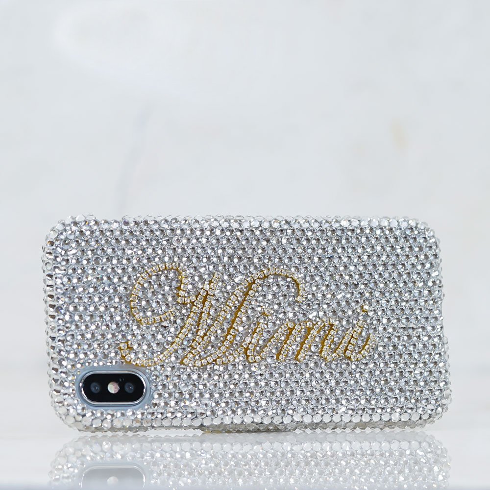 Personalized Name Initials Genuine Clear Gold Chain Crystals Bling Case For iPhone X XS Max XR 7 8 Plus Samsung Galaxy S9 Note 9 / 8