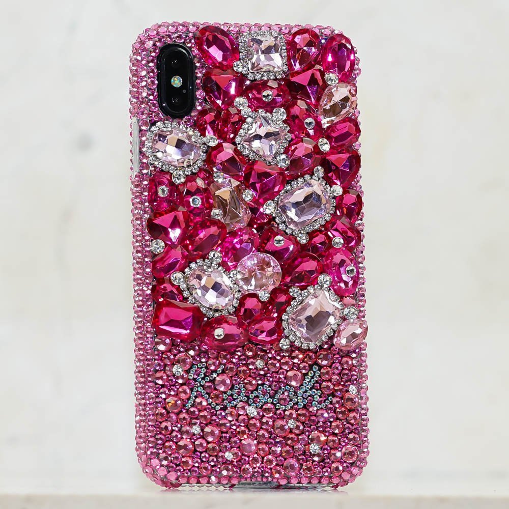 Gemstones Garden Personalized Name Initials Genuine Pink Crystals Bling Case For iPhone X XS Max XR 7 8 Plus Samsung Galaxy S9 Note 9 / 8