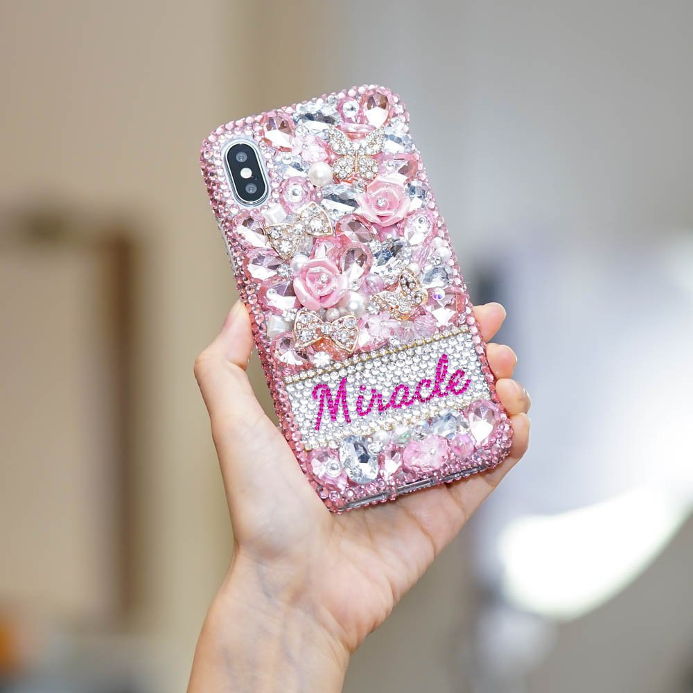 Pink Wonderland Roses Personalized Name Initials Genuine Crystals Bling Case For iPhone X XS Max XR 7 8 Plus Samsung Galaxy S9 Note 9 / 8