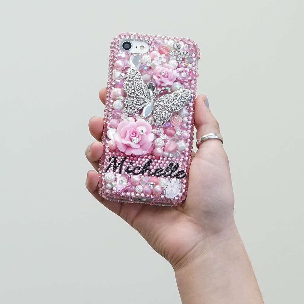Butterfly Roses Pearls Personalized Name Initials Genuine Pink Crystals Bling Case For iPhone X XS Max XR 7 8 Plus Samsung Galaxy S9 Note 9