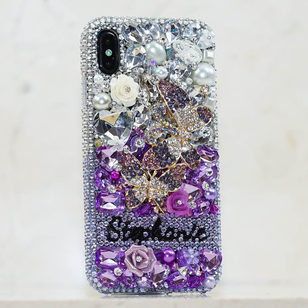 Lavender Butterfly Rose Personalized Name Initials Genuine Crystals Bling Case For iPhone X XS Max XR 7 8 Plus Samsung Galaxy S9 Note 9 / 8