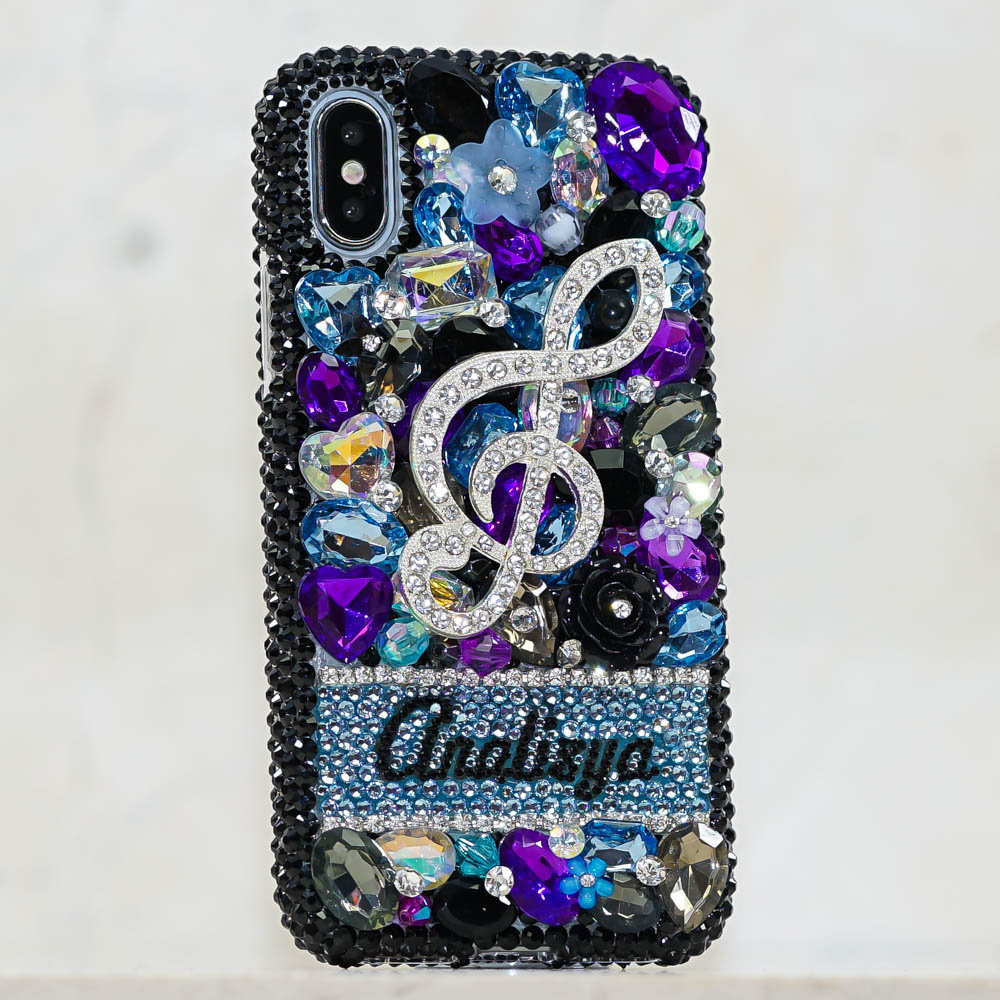 Music Note Personalized Name Initials Genuine Black Purple Crystals Bling Case For iPhone X XS Max XR 7 8 Plus Samsung Galaxy S9 Note 9 / 8