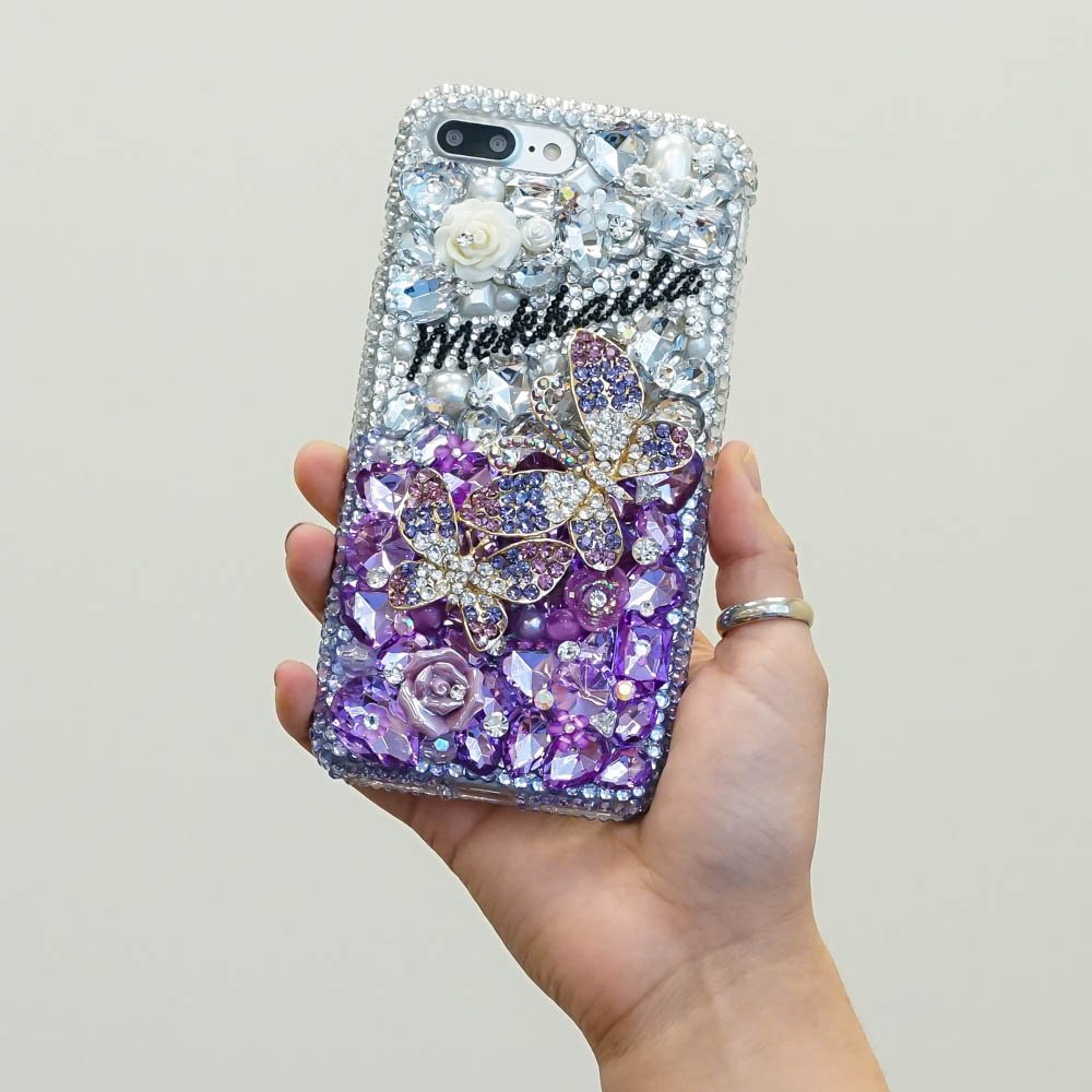Purple Butterfly Roses Personalized Name Initials Genuine Crystals Bling Case For iPhone X XS Max XR 7 8 Plus Samsung Galaxy S9 Note 9 / 8