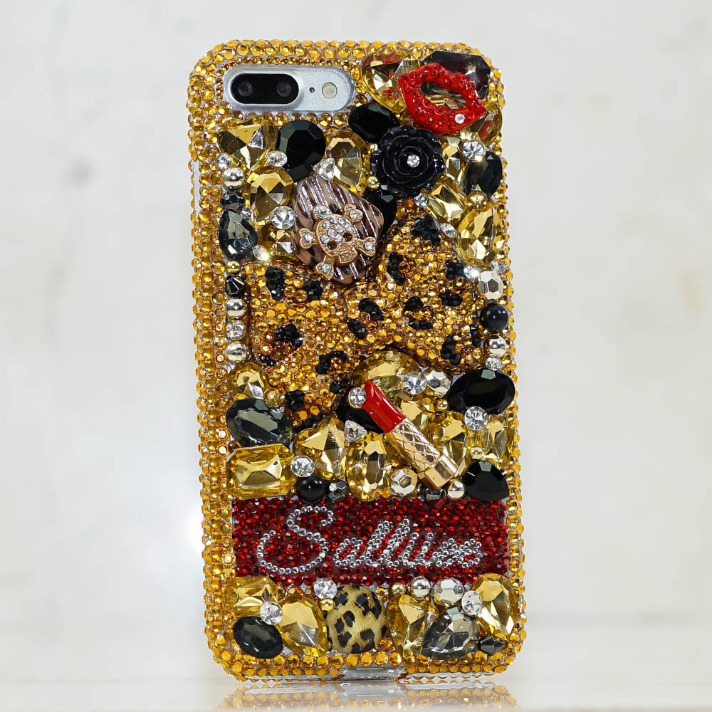 Leopard Bow Skull Personalized Name Initials Genuine Gold Crystals Bling Case For iPhone X XS Max XR 7 8 Plus Samsung Galaxy S9 Note 9 / 8