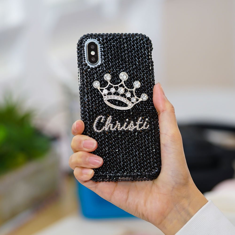 Diamond Crown Personalized Name Initials Genuine Jet Black Crystals Case For Iphone X Xs Max Xr 7 8 6 6s Plus Samsung Galaxy S9 Note 9 / 8