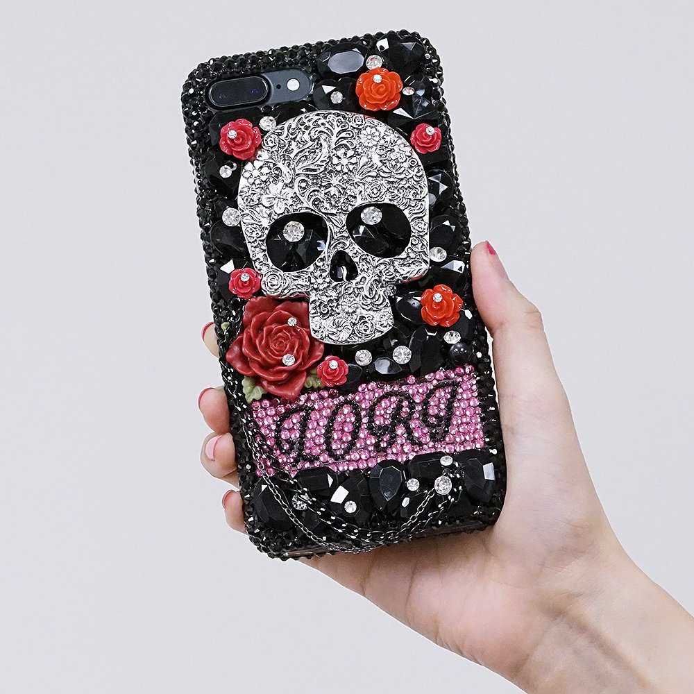 Skull and Red Roses Personalized Name Initials Genuine black Crystals Case For iPhone X XS Max XR 7 8 Plus Samsung Galaxy S9 Note 9 / 8