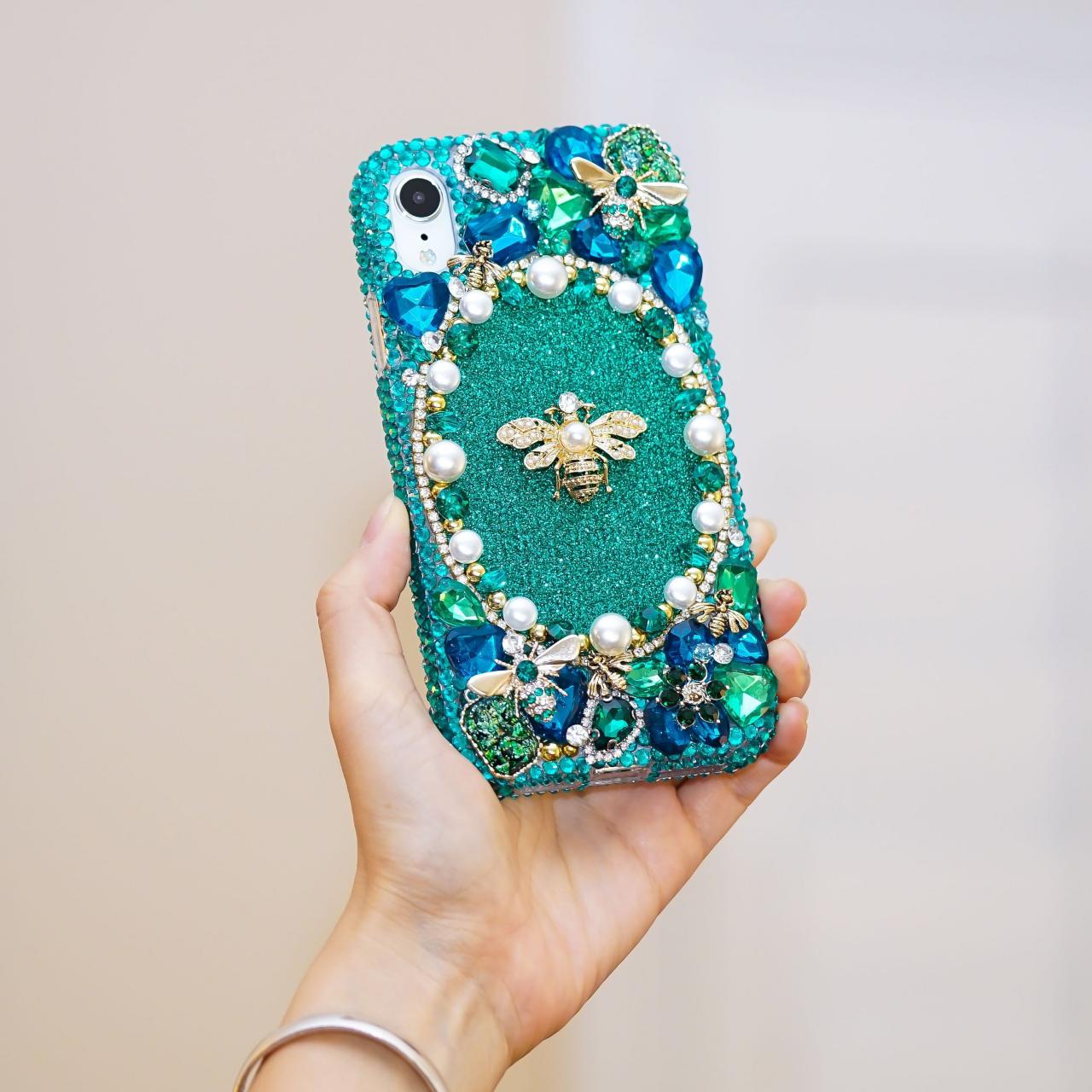 Bling Bee Brave Honey Pearls Genuine Turquoise Crystals Diamond Sparkle Case For iPhone X XS Max XR 7 8 Plus Samsung Galaxy S9 Note 9 / 8
