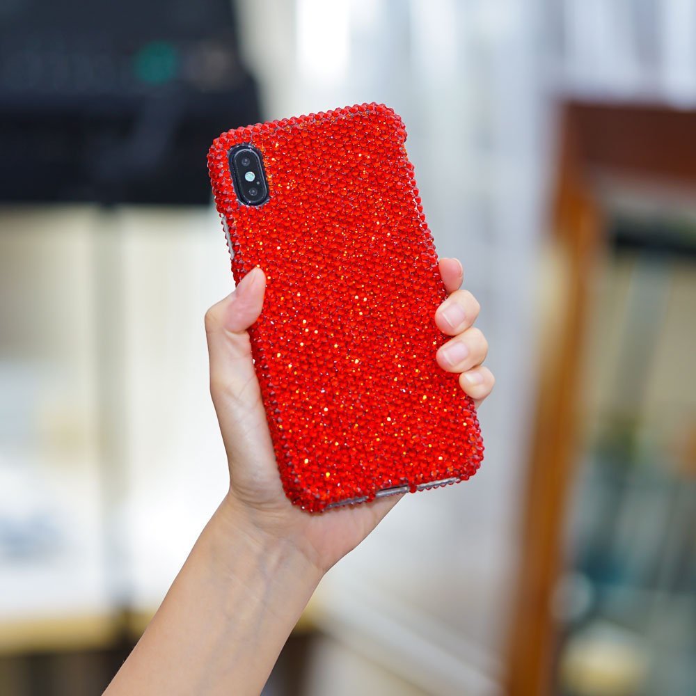 Bling Genuine Bright Red Crystals Case For iPhone X XS Max XR 7 8 Plus Samsung Galaxy S9 Note 9 / 8 Diamond Sparkle Easy Grip Cover