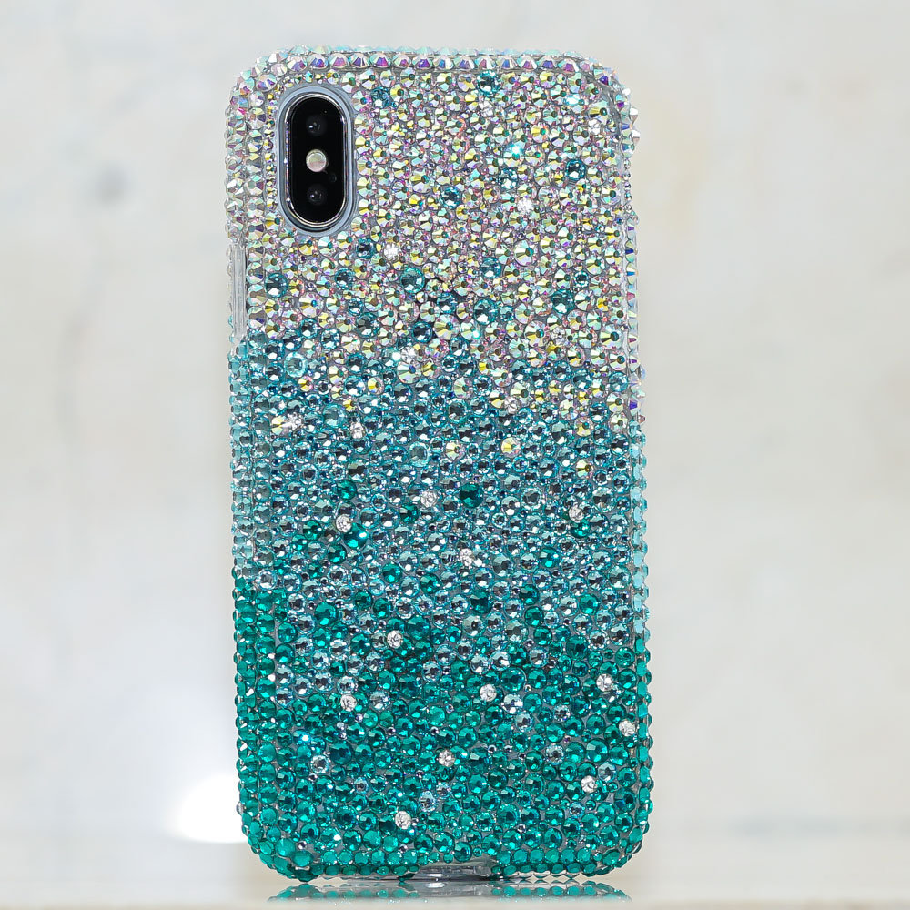 Bling Genuine AB Crystals Faded Turquoise Case For iPhone X XS Max XR 7 8 Plus Samsung Galaxy S9 Note 9 / 8 Diamond Sparkle Protective Cover
