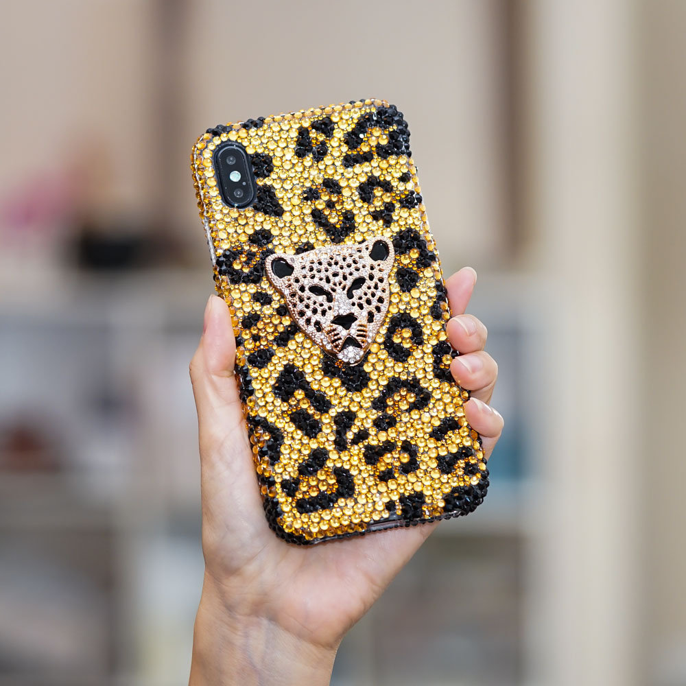 Bling Leopard Cheetah Genuine Gold Crystals Case For Iphone X Xs Max Xr 7 8 Plus Samsung Galaxy S9 Note 9 / 8 Diamond Sparkle Cover