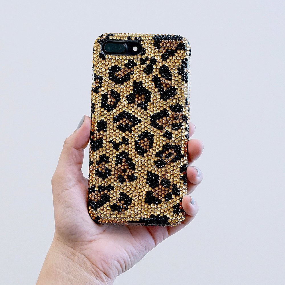 Bling Leopard Design Genuine Gold Brown Jet Black Crystals Case For iPhone X XS Max XR 7 8 Plus Samsung Galaxy S9 Note 9 / 8 Diamond Sparkle