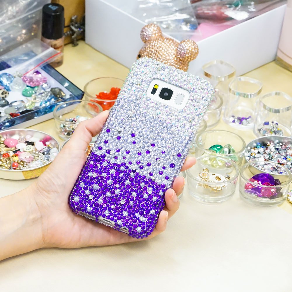 Bling Genuine Crystals AB Faded to Lavender Dark Purple Case For iPhone X XS Max XR 7 8 Plus Samsung Galaxy S9 Note 9 / 8 Diamond Sparkle