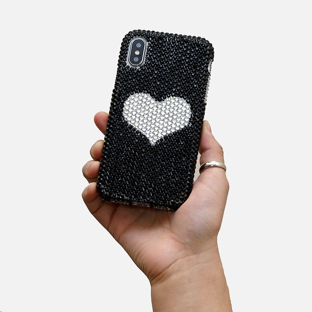 Bling Heart Design Genuine Jet Black and Clear Crystals Case For iPhone X XS Max XR 7 8 Plus Samsung Galaxy S9 Note 9 / 8 Diamond Sparkle
