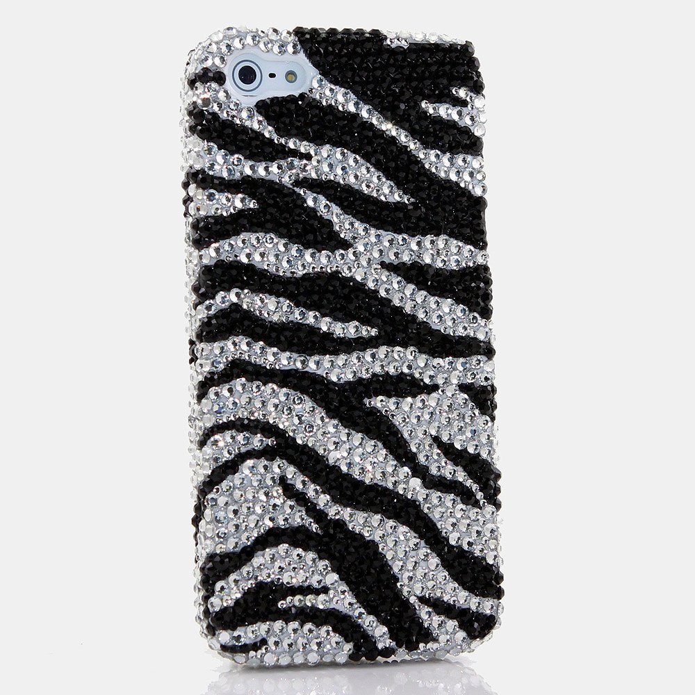 Bling Zebra Design Genuine Jet Black and Clear Crystals Case For iPhone X XS Max XR 7 8 Plus Samsung Galaxy S9 Note 9 / 8 Diamond Sparkle