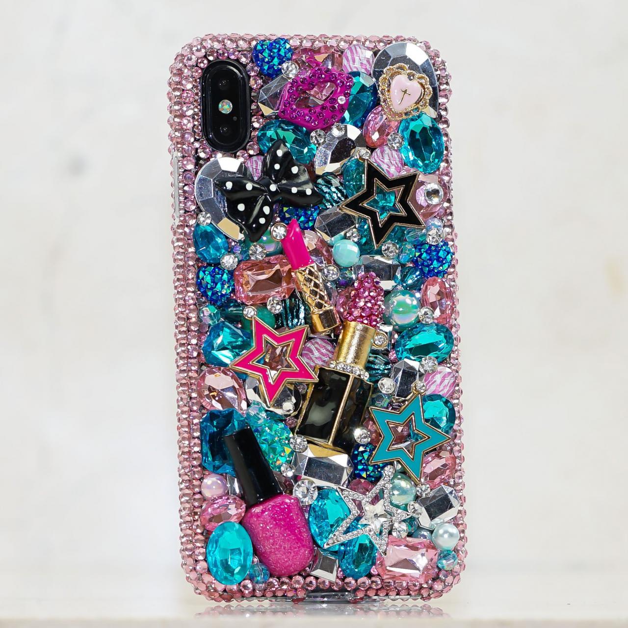 Genuine Pink Crystals Case For iPhone X XS Max XR 7 8 Plus Samsung Galaxy S9 Note 9 Bling Diamond Sparkle Super Star Lipstick Makeup Design