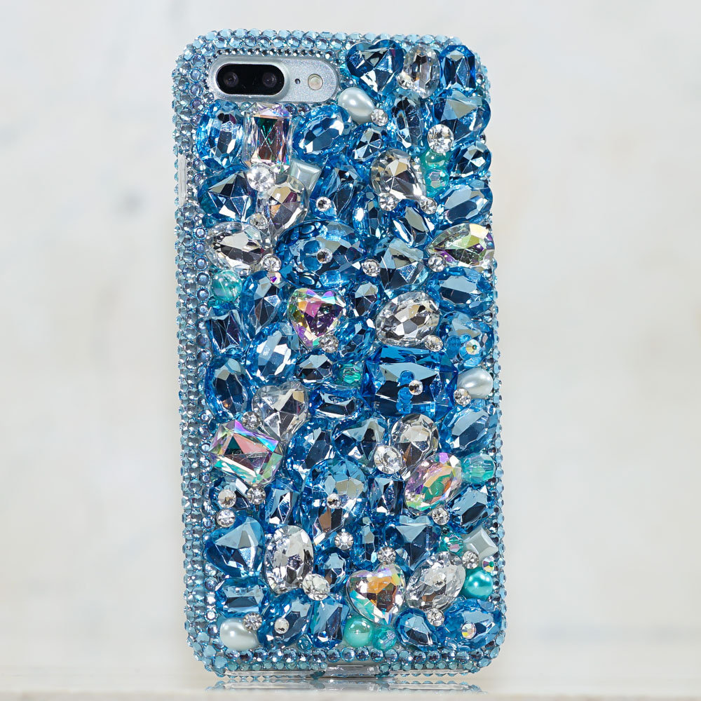 Genuine Crystals Case For iPhone X XS Max XR 7 8 Plus Samsung Galaxy S9 Note 9 Bling Diamond Sparkle Blue Clear Heart Stones