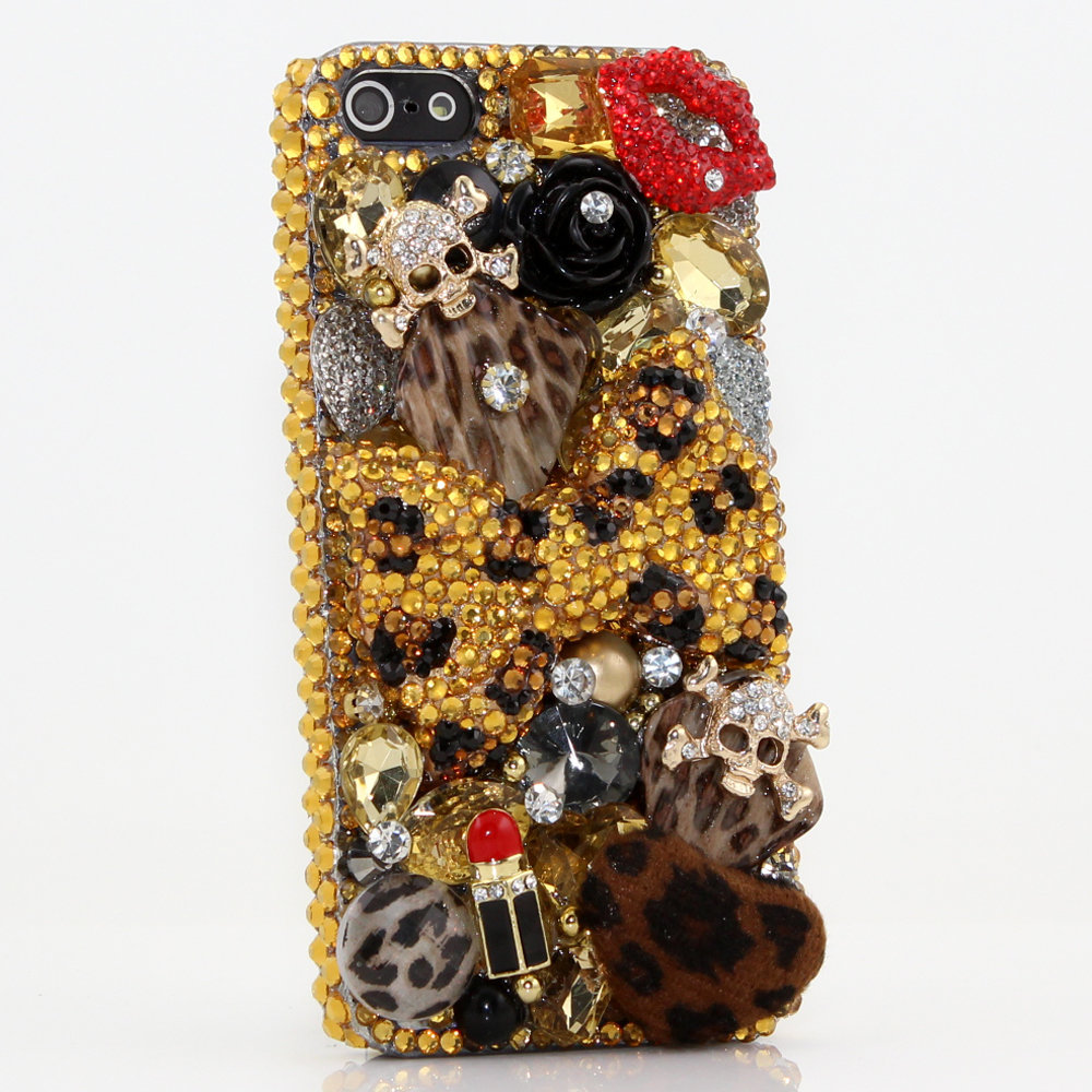 Genuine Crystals Case For iPhone X XS Max XR 7 8 Plus Samsung Galaxy S9 Note 9 Bling Diamond Sparkle Golden Leopard Bow Skull Red Lip Design