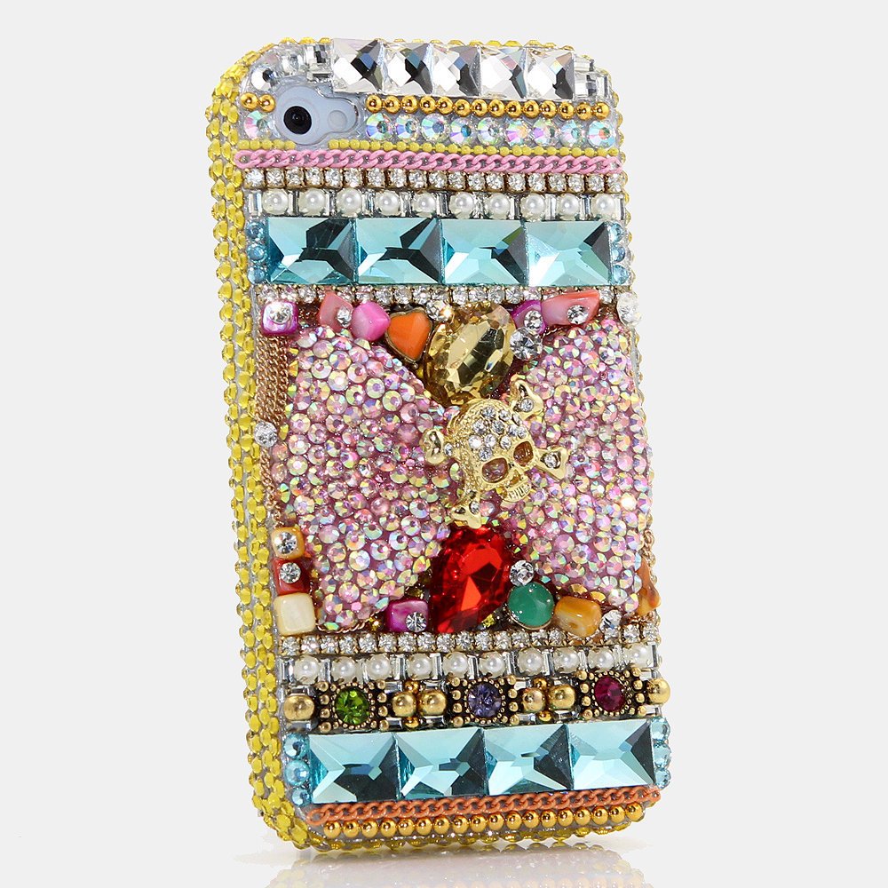 Genuine Crystals Case For iPhone X XS Max XR 7 8 Plus Samsung Galaxy S9 Note 9 Bling Diamond Sparkle Pink Bow Golden Skull Designv