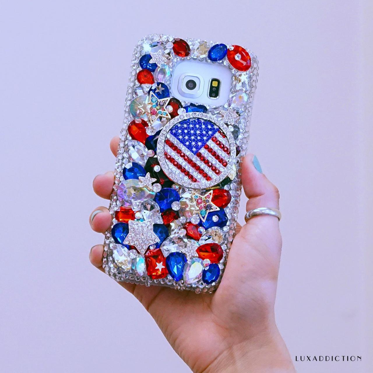Genuine Crystals Case For iPhone X XS Max XR 7 8 Plus Samsung Galaxy S9 Note 9 Bling Diamond Sparkle American Flag Red Blue Stones