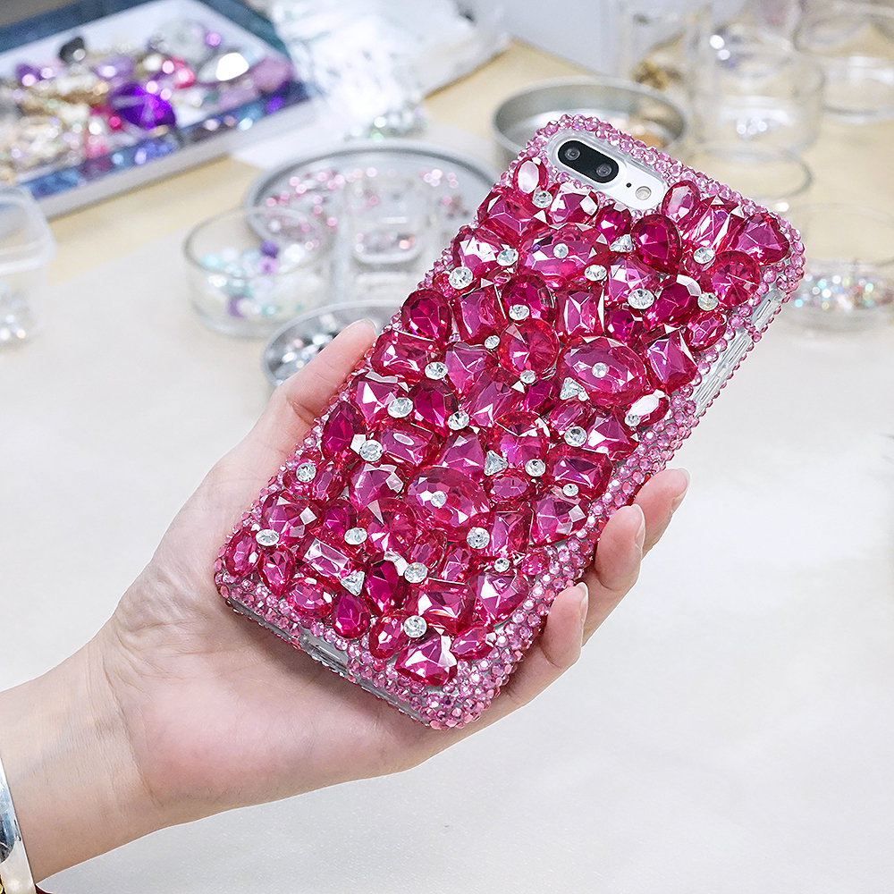 Genuine Crystals Case For iPhone X XS Max XR 7 8 Plus Samsung Galaxy S9 Note 9 Bling Diamond Sparkle Fuchsia Pink Stones Protective Cover
