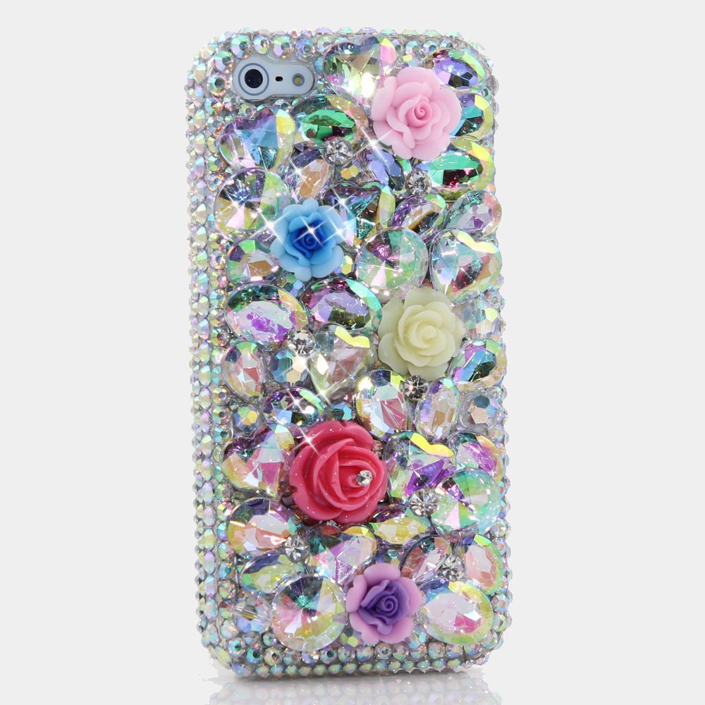Genuine AB Crystals Case For iPhone X XS Max XR 7 8 Plus Samsung Galaxy S9 Note 9 Bling Diamond Sparkle Rainbow Posies Flowers Roses