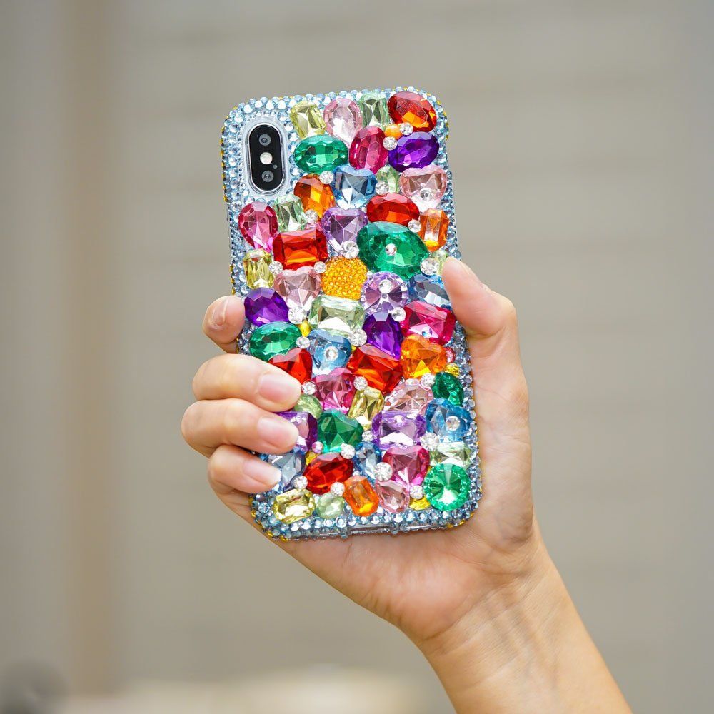 Genuine Crystals Case For iPhone X XS Max XR 7 8 Plus Samsung Galaxy S9 Note 9 Bling Diamond Sparkle Rainbow Rock Blue Purple Green Stones