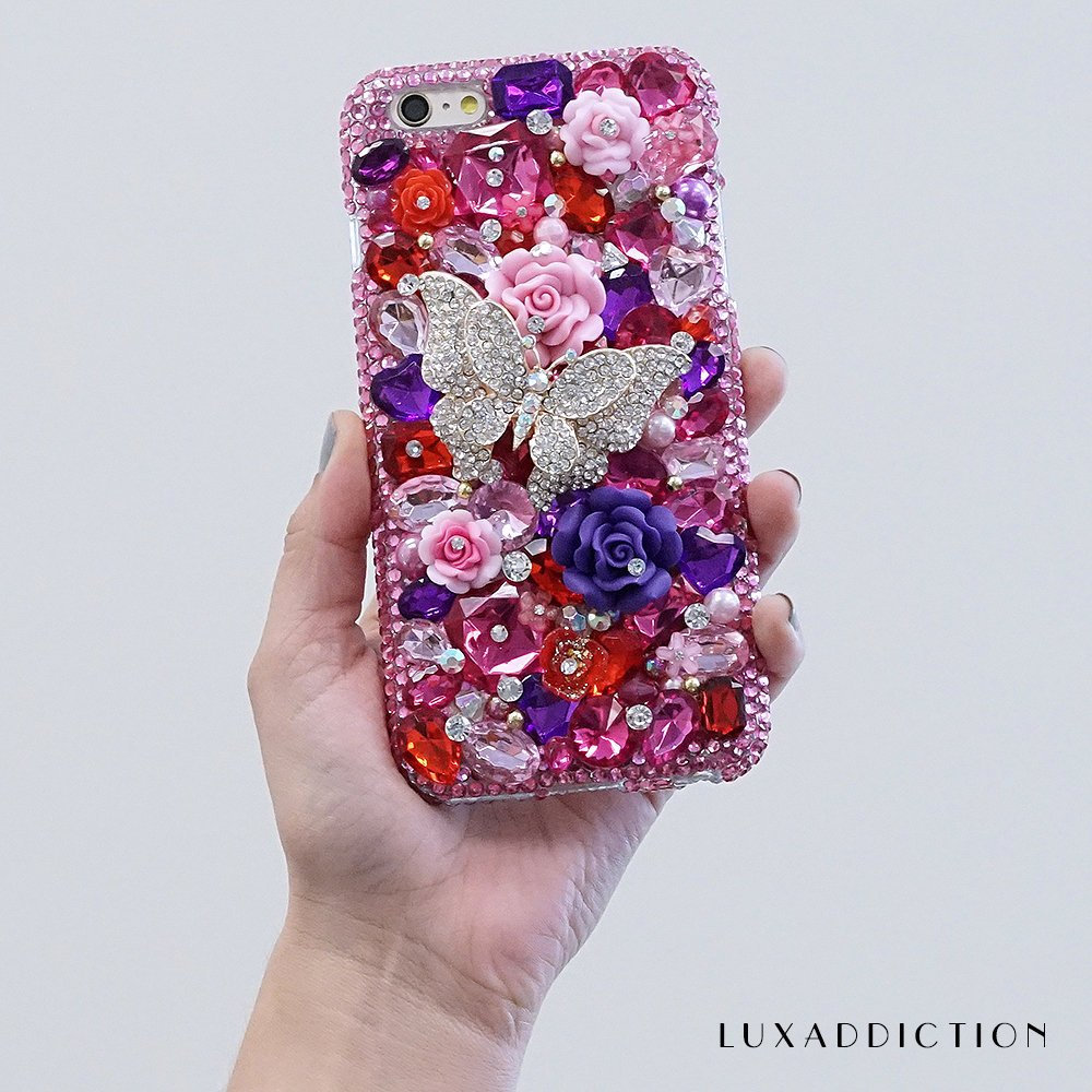 Butterfly Garden Purple Roses Stone Genuine Crystals Diamond Sparkle Bling Case For iPhone X XS Max XR 7 8 Plus Samsung Galaxy S9 Note 9