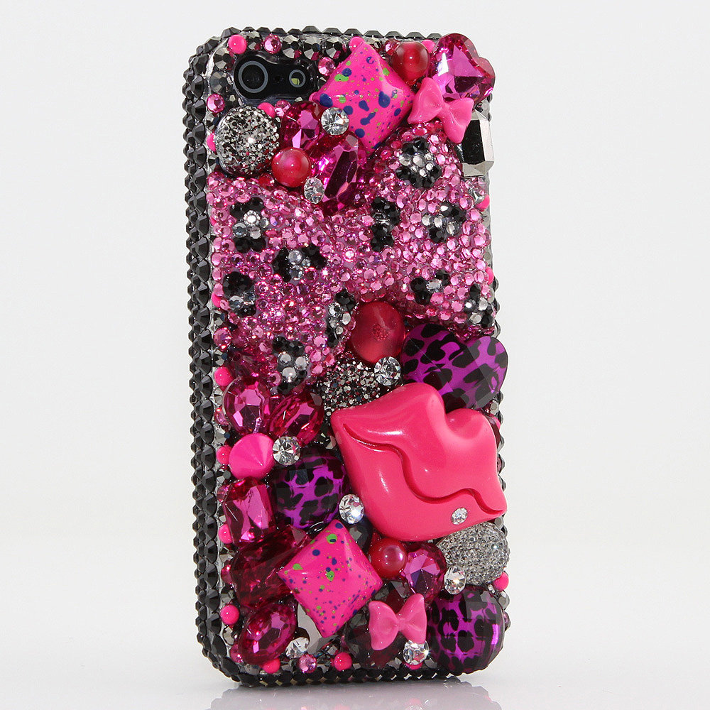 Hot Pink Leopard Bow Red Lips Genuine Black Crystals Diamond Sparkle Bling Case For Iphone X Xs Max Xr 7 8 Plus Samsung Galaxy S9 Note 9