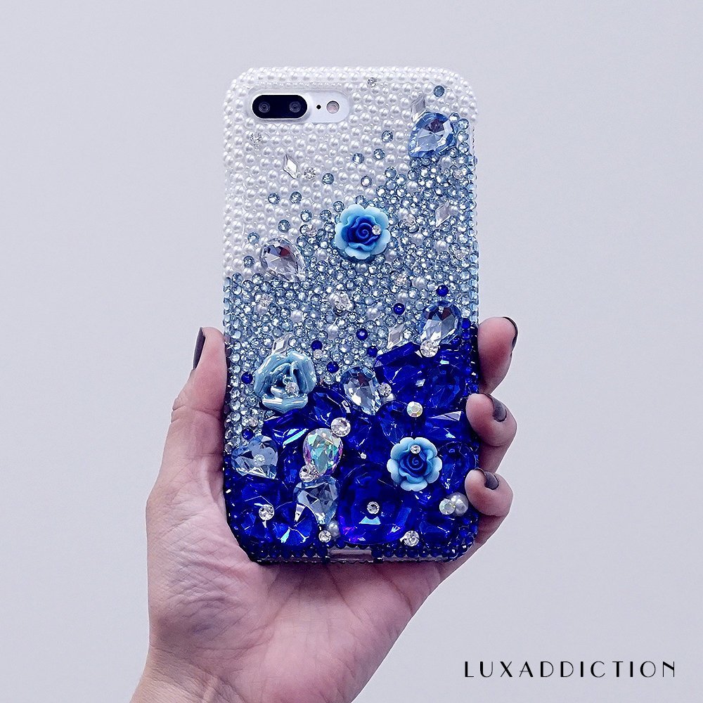 White Pearls Faded to Dark Blue Stones Genuine Crystals Diamond Sparkle Bling Case For iPhone X XS Max XR 7 8 Plus Samsung Galaxy S9 Note 9