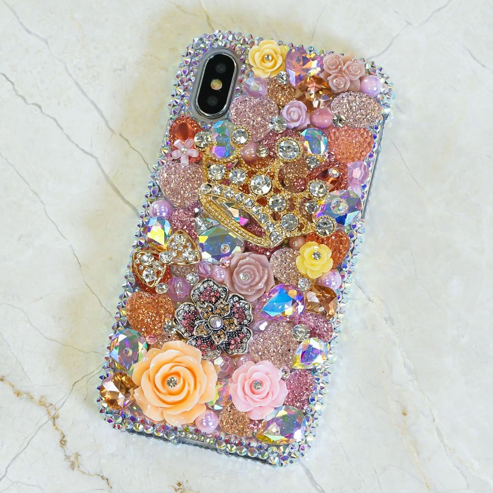 Golden Crown Orange Roses Rainbow Stone Genuine Crystals Diamond Sparkle Bling Case For iPhone X XS Max XR 7 8 Plus Samsung Galaxy S9 Note 9