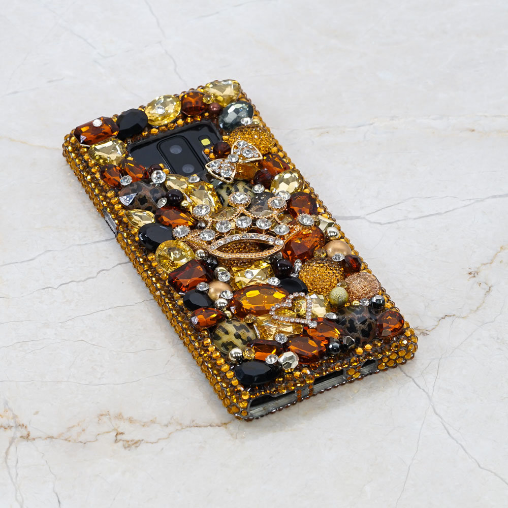 Vintage Leopard Feline Gold Queen Crown Genuine Crystals Diamond Sparkle Bling Case For iPhone X XS Max XR 7 8 Plus Samsung Galaxy S9 Note 9