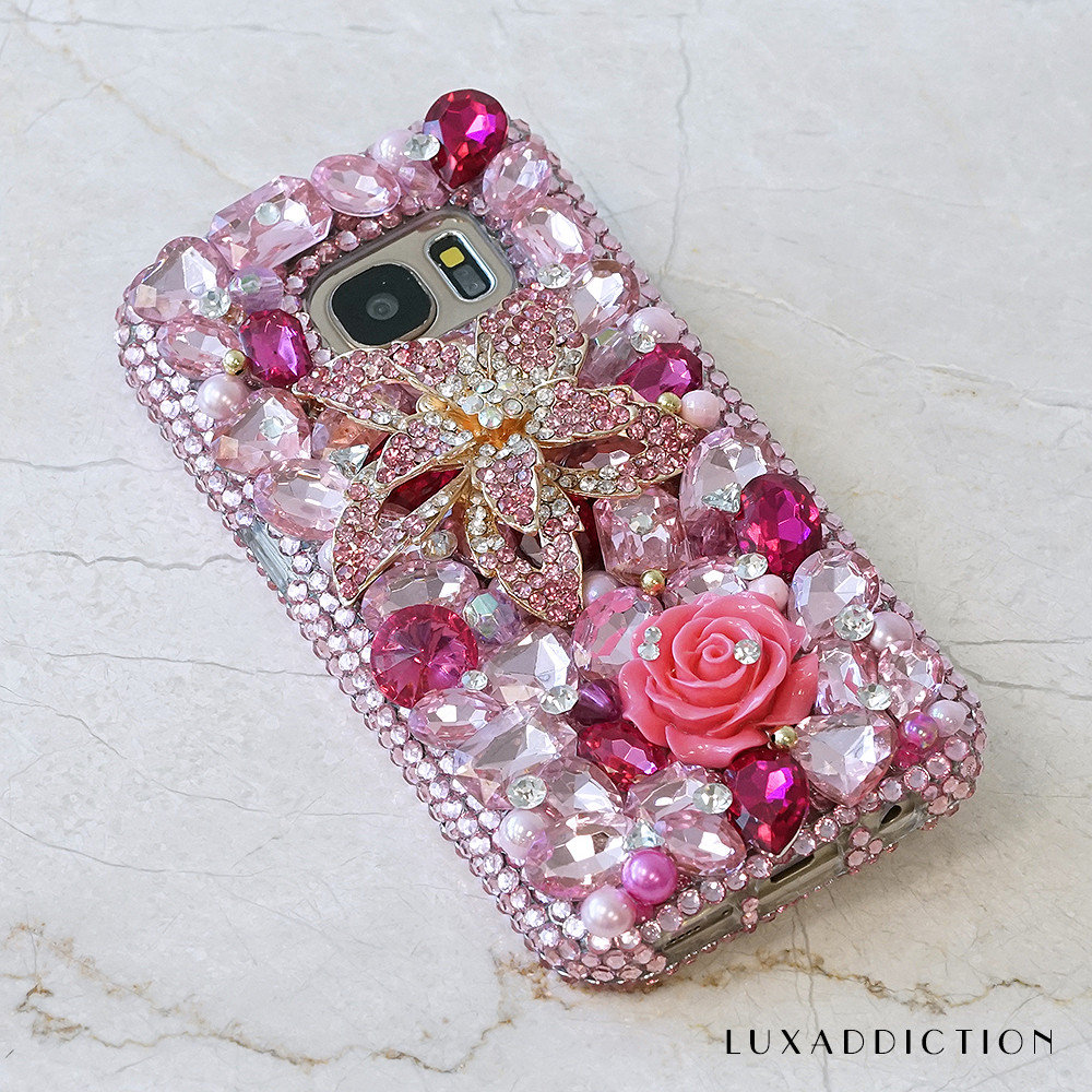 Pink Posies Diamond Roses Gen Stones Genuine Crystals Diamond Sparkle Bling Case For iPhone X XS Max XR 7 8 Plus Samsung Galaxy S9 Note 9