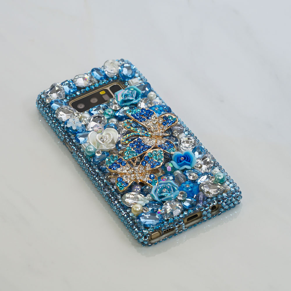 Aqua Blue Double Butterfly Flowers Genuine Crystals Diamond Sparkle Bling Case For Iphone X Xs Max Xr 7 8 Plus Samsung Galaxy S9 Note 9