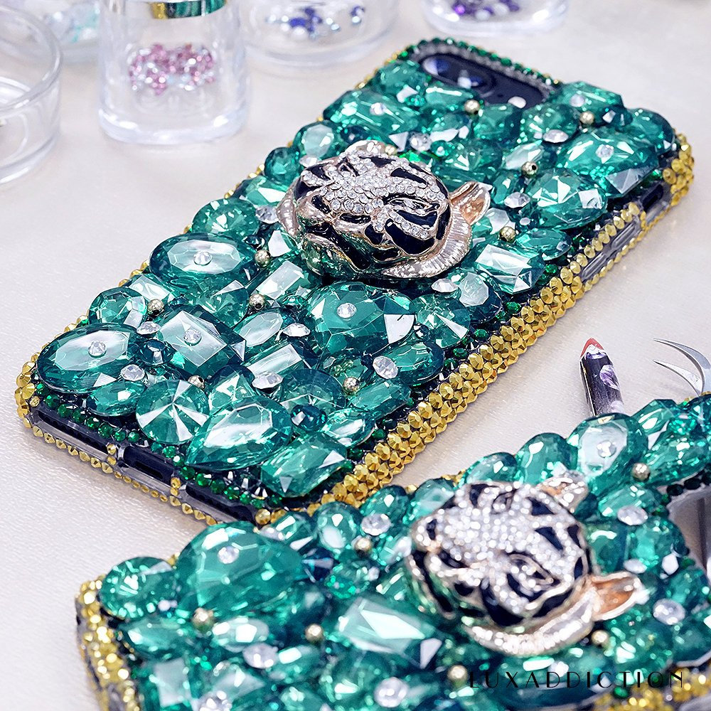 Emerald Green Stones Diamond Tiger Gold Edge Genuine Crystals Sparkle Bling Case For iPhone X XS Max XR 7 8 Plus Samsung Galaxy S9 Note 9