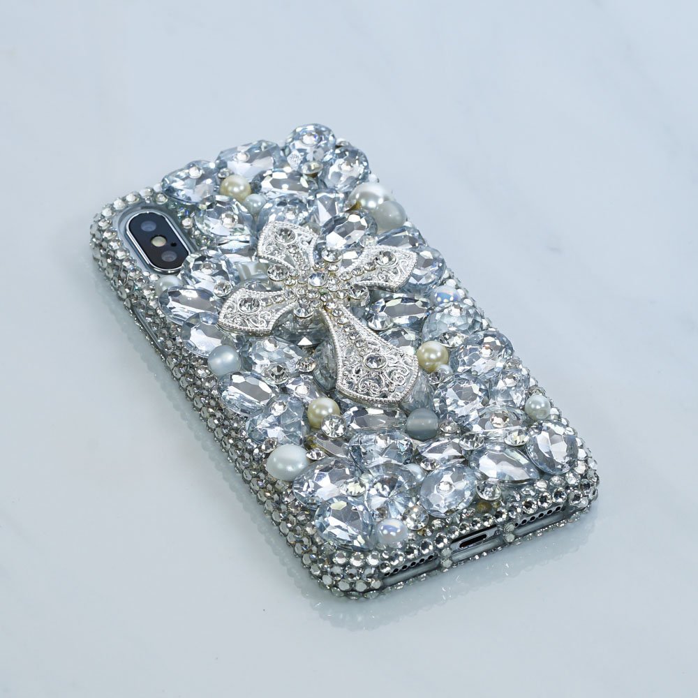 Diamond Silver Cross White Pearls Gem Stones Genuine Crystals Sparkle Bling Case For iPhone X XS Max XR 7 8 Plus Samsung Galaxy S9 Note 9