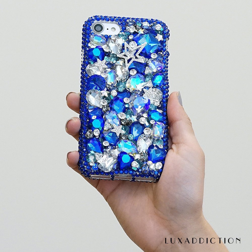 Bright Blue Super Star Clear Gem Stones Genuine Crystals Diamond Sparkle Bling Case For iPhone X XS Max XR 7 8 Plus Samsung Galaxy S9 Note 9