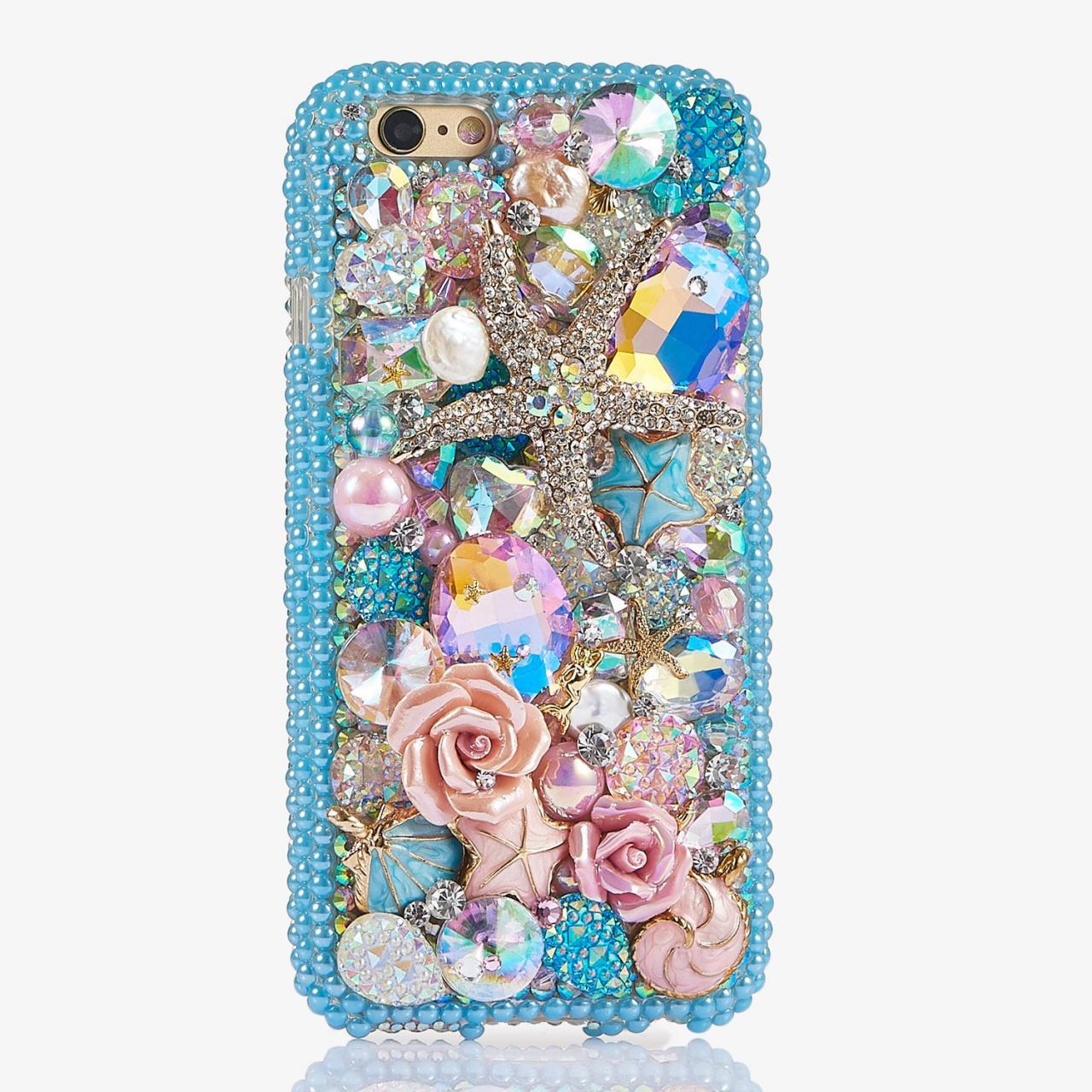Aqua Blue Pearls Reef Sea Star Roses Genuine Crystals Diamond Sparkle Bling Case For iPhone X XS Max XR 7 8 Plus Samsung Galaxy S9 Note 9
