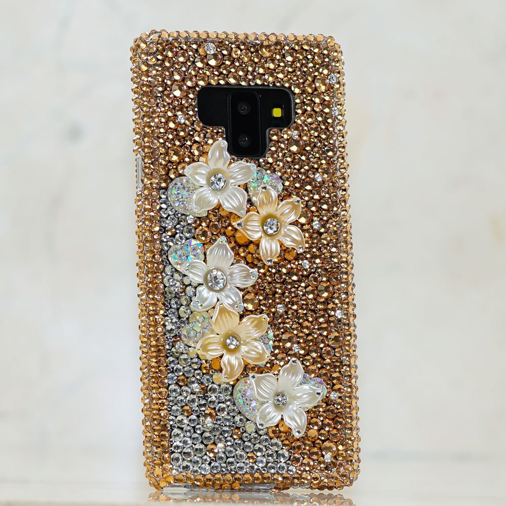 Bling Golden Posies Flowers Genuine Crystals Clear Diamond Sparkle Protective Case For iPhone X XS Max XR 7 8 Plus Samsung Galaxy S9 Note 9