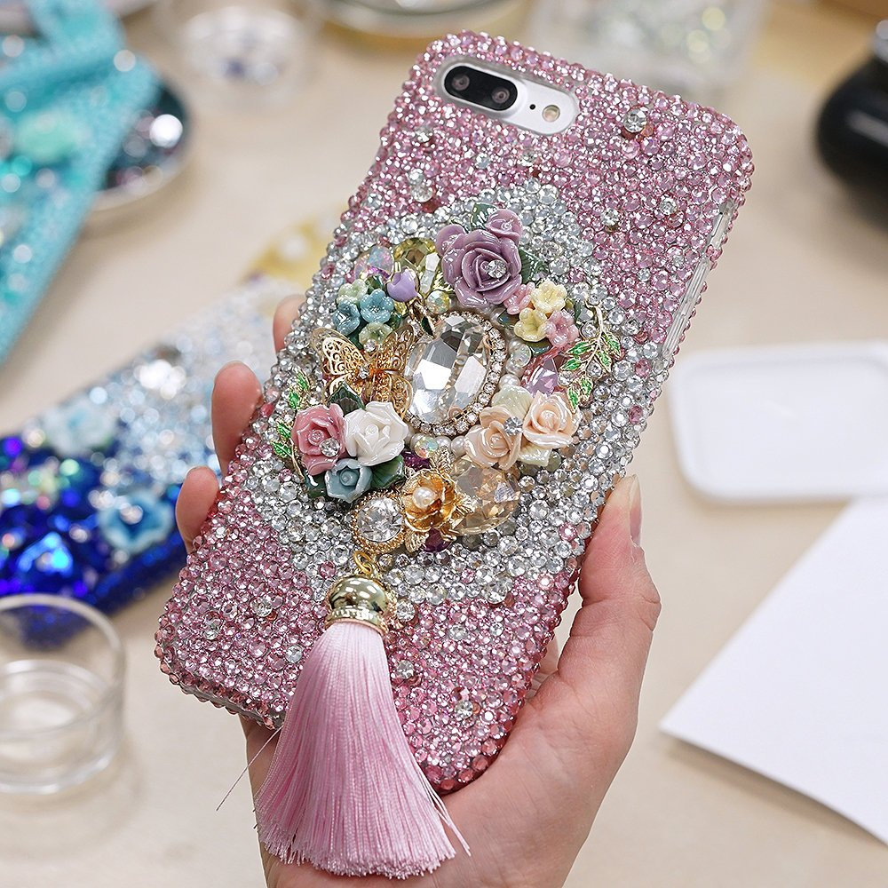 Bling Pink Butterfly Rose Garden Tassel Genuine Crystals Diamond Sparkle Case For iPhone X XS Max XR 7 8 Plus Samsung Galaxy S9 Note 9