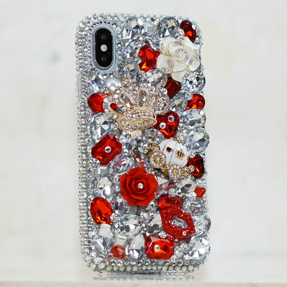 Royal Ruby Red Stones Gold Crown Carriage Genuine Crystals Diamond Sparkle Case For iPhone X XS Max XR 7 8 Plus Samsung Galaxy S9 Note 9