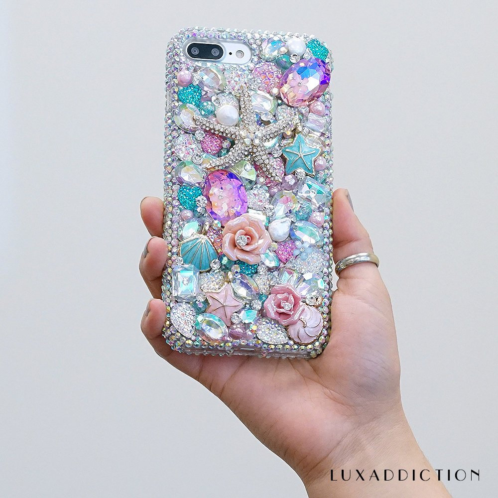 Bling Reef Garden Sea Horse Pink Roses Stones Genuine Crystals Diamond Sparkle Case For Iphone X Xs Max Xr 7 8 Plus Samsung Galaxy S9 Note 9