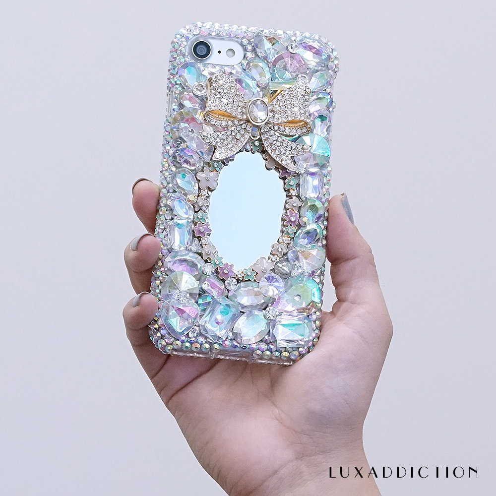 Bling Diamond Bor Floral Mirror Gems Stones Genuine AB Crystals Sparkle Case For iPhone X XS Max XR 7 8 Plus Samsung Galaxy S9 Note 9