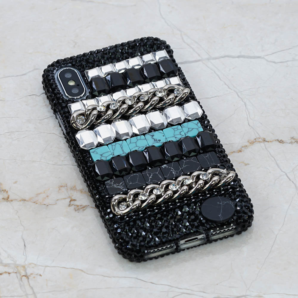 Bling Black Marble Design Turquoise Stones Genuine Crystals Diamond Sparkle Case For iPhone X XS Max XR 7 8 Plus Samsung Galaxy S9 Note 9